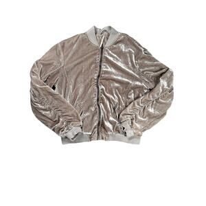 Free People Bomber Jacket Womens Size XS Smoke Crushed Velvet Full Zip Ruched